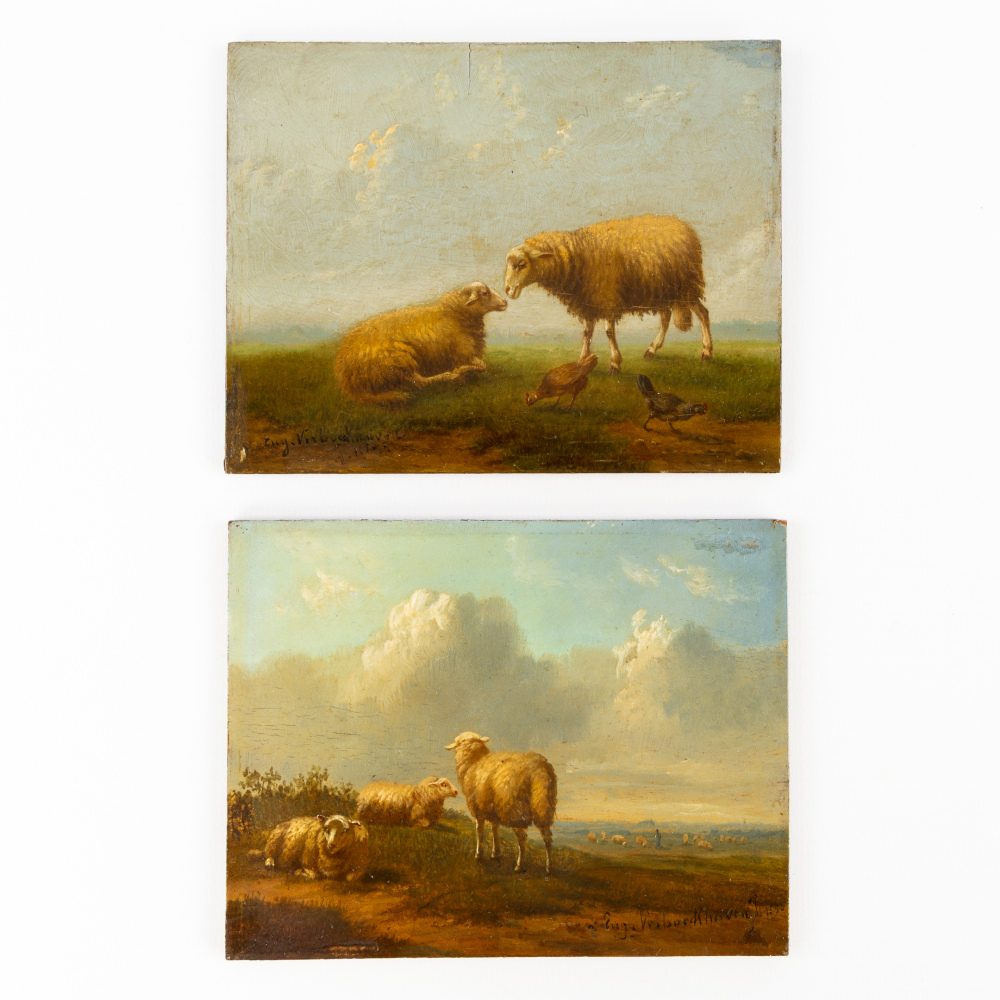 Een paar schilderijtjes met schapen, getekend Eugene Verboeckhoven (1798/99-1881) olie op paneel. (L:14 x H:11 cm)